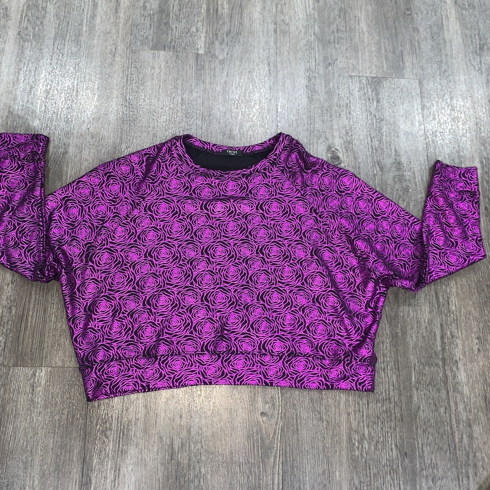 Terez Women Rose Field Purple Foil Floral Sweatshirt Pullover XS 2360